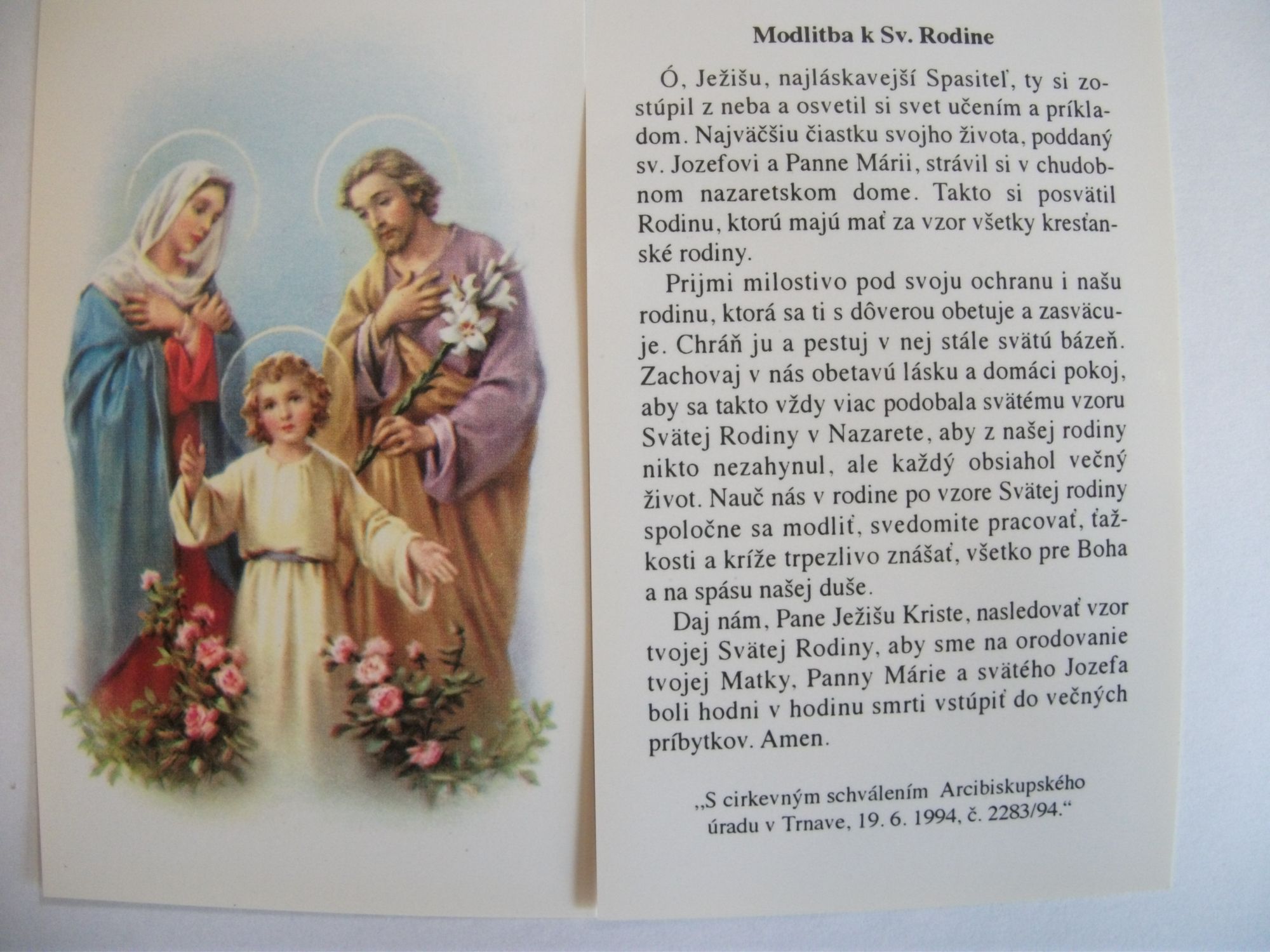 obrázok s modlitbou k Svätej Rodine